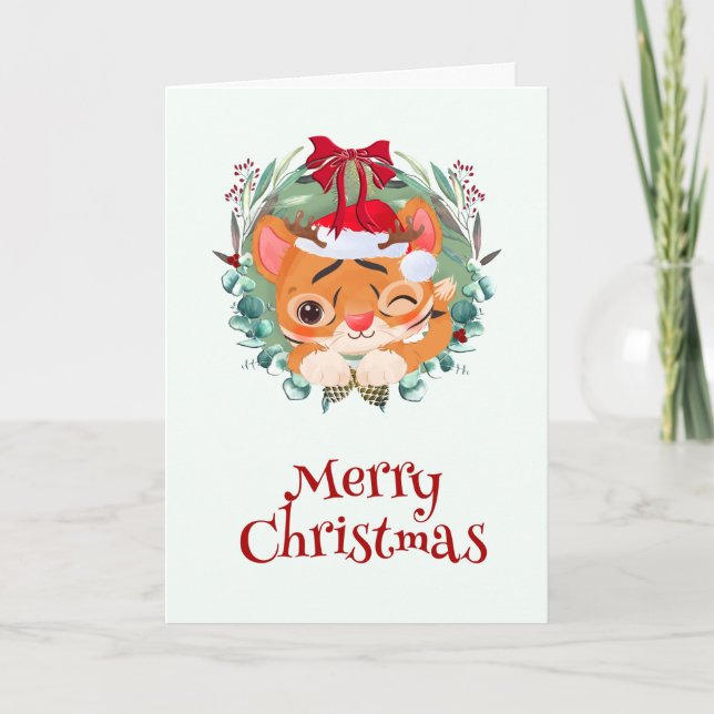 Cartes Pour Fêtes Annuelles Eucalyptus Wreath mignonne Tigre Noël (Devant)