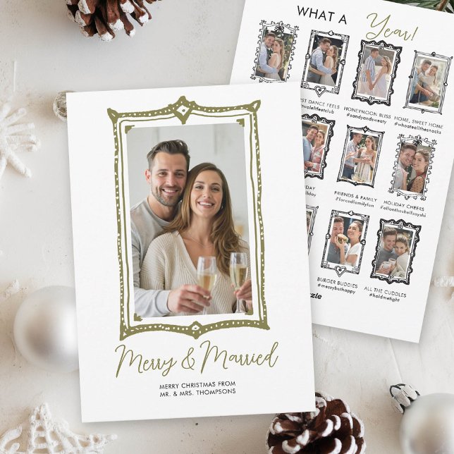 Cartes Pour Fêtes Annuelles Examen Doodle à la main Première Noël Marié (first year married doodle christmas card year in review doodle scribble frames gold black modern fun)