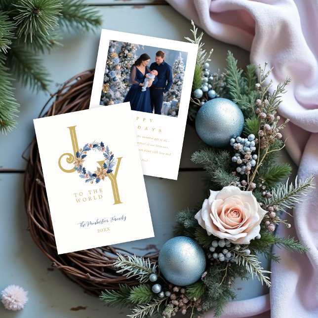 Cartes Pour Fêtes Annuelles Exquisite Blue Tones & Faux Gold Christmas Wreath (Exquisite Blue Tones and Faux Gold Christmas Wreath Holiday Cards with Back Photo.)