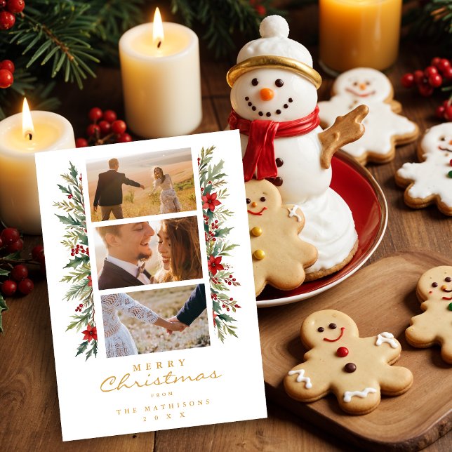 Cartes Pour Fêtes Annuelles Exquisite Minimal Christmas Garland 3 Photos Frame (Exquisite Minimalist Christmas Garlands 3 Photos Frame Holidays Cards.)