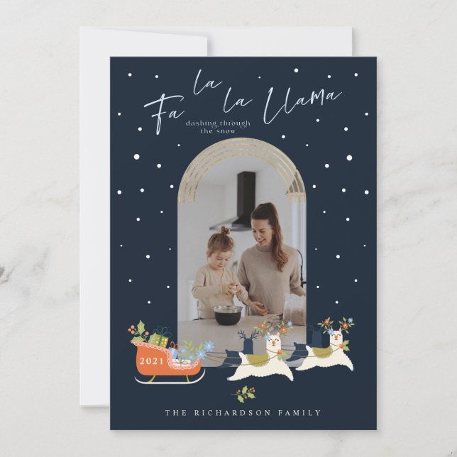 Cartes Pour Fêtes Annuelles Fa La Christmas Llama Reindees & Sleigh Photo (Devant)