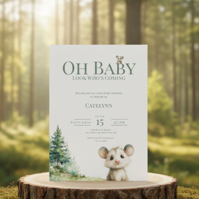 Cartes Pour Fêtes Annuelles Faire part de naissance opossum • Oh Baby Forest (watercolor baby shower invitation with opossum and forest trees on a clean white background)