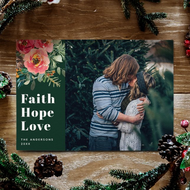 Cartes Pour Fêtes Annuelles Faith Hope Love | Photo de Noël religieuse verte (Créateur téléchargé)