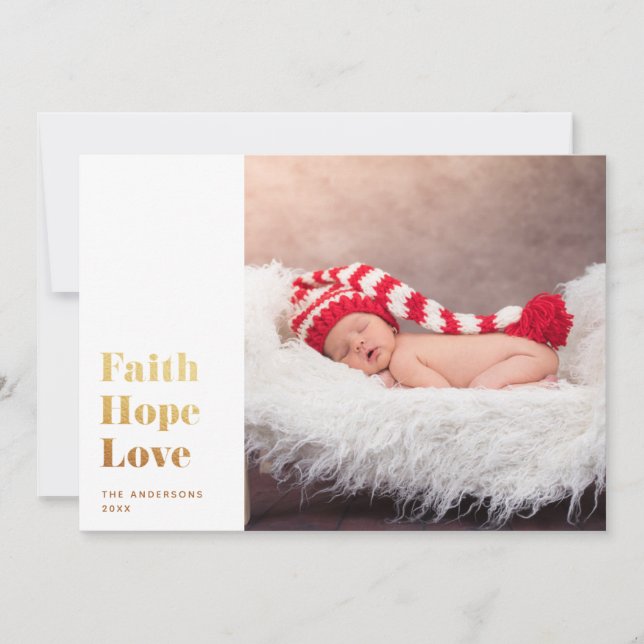 Cartes Pour Fêtes Annuelles Faith Hope Love. Photo religieuse Gold Christmas (Devant)
