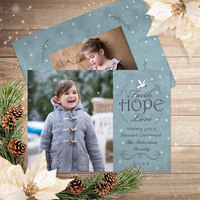 Cartes Pour Fêtes Annuelles Faith Hope Love Snowflakes | Peace Dove Photo (Wishing you and your family a blessed Christmas with this "Faith, Hope and Love" holiday photo card.)