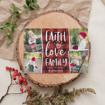 Cartes Pour Fêtes Annuelles Faith Love Family | Christmas Photo Collage<br><div class="desc">Rustic and festive holiday photo card features four photos in a collage layout,  with "faith,  love,  family" in white hand lettered typography on a handpainted red and black buffalo plaid background. Personalize with your names beneath.</div>
