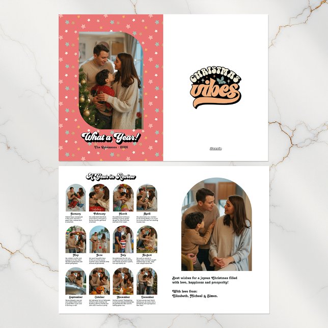 Cartes Pour Fêtes Annuelles Faits saillants de la famille Rétrospective "L'ann (Family Highlights Retro "Year in Review" Photo Holiday Card)