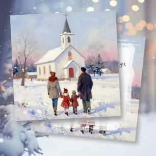 Cartes Pour Fêtes Annuelles Famille allant à l'église le jour de Noël 