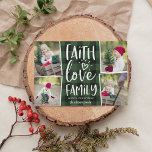 Cartes Pour Fêtes Annuelles Famille d'amour de foi | Christmas Photo Collage<br><div class="desc">Un carte photo de vacances rustique et festif présente quatre photos dans une mise en page collage,  avec "foi,  amour,  famille" en blanc typographie lettrée main sur un arrière - plan peint à la main en buffle vert et noir. Personnalisez avec vos noms en-dessous.</div>