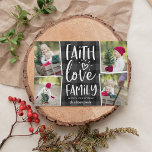 Cartes Pour Fêtes Annuelles Famille d'amour de foi | Christmas Photo Collage<br><div class="desc">Un carte photo de vacances rustique et festif présente quatre photos dans une mise en page collage,  avec "foi,  amour,  famille" en blanc typographie lettrée main sur un arrière - plan peint à la main en buffle gris et noir. Personnalisez avec vos noms en-dessous.</div>