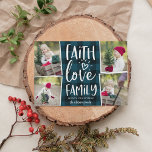 Cartes Pour Fêtes Annuelles Famille d'amour de foi | Christmas Photo Collage<br><div class="desc">Un carte photo de vacances rustique et festif présente quatre photos dans une mise en page collage,  avec "foi,  amour,  famille" en blanc typographie lettrée main sur un arrière - plan peint à la main en buffle bleu et noir. Personnalisez avec vos noms en-dessous.</div>