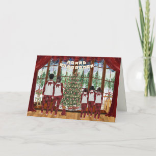 Cartes Pour Fêtes Annuelles Famille de 5 Trois filles, matin de Noël en chalet