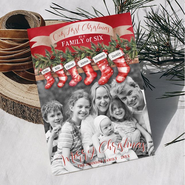 Cartes Pour Fêtes Annuelles Famille de 6 Bas de Noël Photo Baby First (Personalized 6 stocking names 1st Christmas as a family of six black and white photo Merry Christmas)
