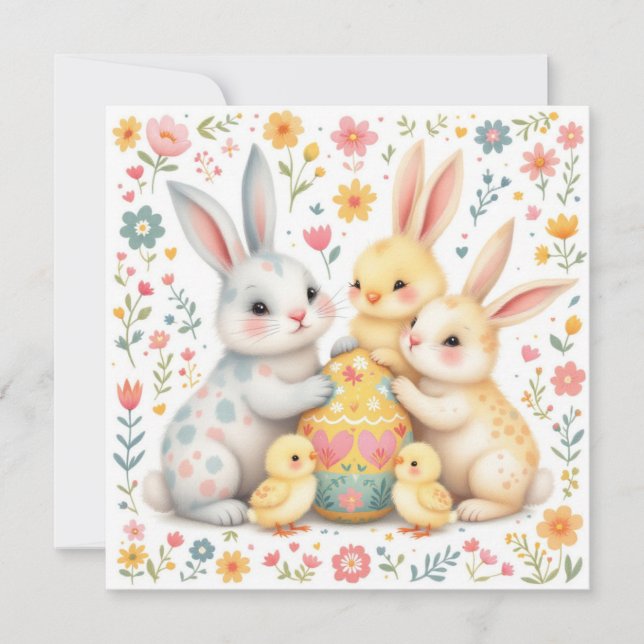 Cartes Pour Fêtes Annuelles Famille de lapin de Pâques avec amis de poussins (Devant)