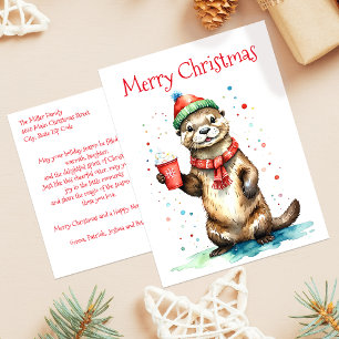 Cartes Pour Fêtes Annuelles Famille de loutres aquarelles fantaisistes Noël