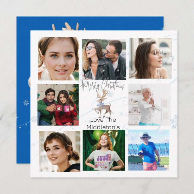 Cartes Pour Fêtes Annuelles Famille de Noël Collage photo Blue Deer (Devant / Derrière)