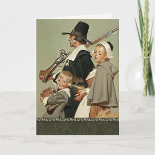 Cartes Pour Fêtes Annuelles Famille de pèlerins. L'art vintage Thanksgiving