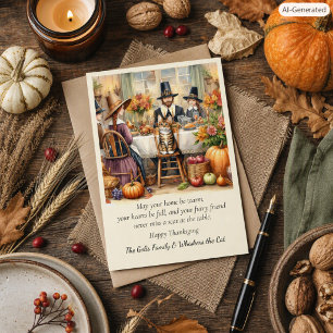 Cartes Pour Fêtes Annuelles Famille de pèlerins mignonne avec un chat pour la