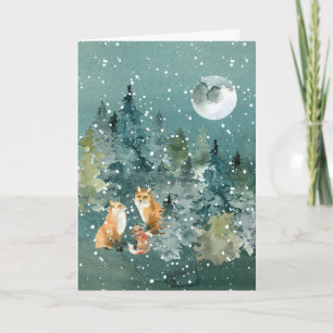 Cartes Pour Fêtes Annuelles Famille de renards dans une forêt enneigée sous la