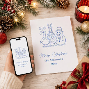 Cartes Pour Fêtes Annuelles Famille d'oie de Noël Doodle bleu moderne