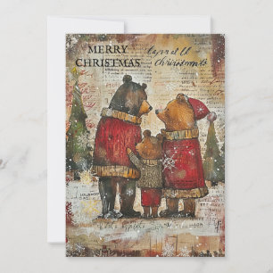Cartes Pour Fêtes Annuelles Famille d'ours vintage Joyeux Noël dans la neige