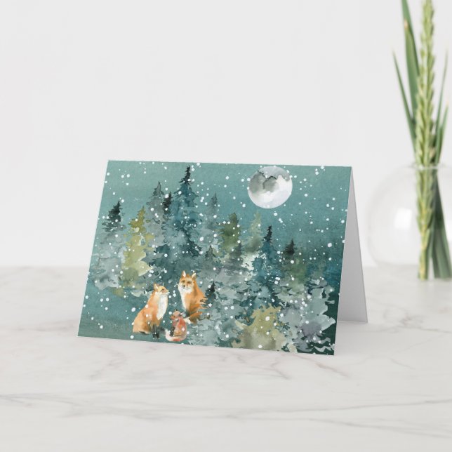 Cartes Pour Fêtes Annuelles Famille Fox en forêt Pleine lune neige (Devant)