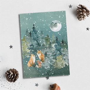 Cartes Pour Fêtes Annuelles Famille Fox en forêt Pleine lune neige Noël