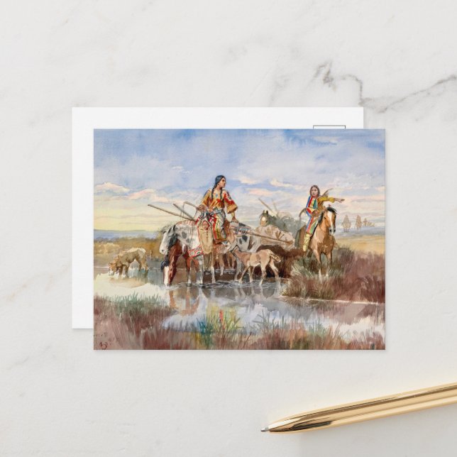 Cartes Pour Fêtes Annuelles Famille indienne avec Travois par Charles M. Russe (Devant/Arrière en situation)