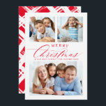 Cartes Pour Fêtes Annuelles FAMILLE MULTI PHOTO traditionnel joyeux Noël rouge<br><div class="desc">par kat massard >>> WWW.SIMPLYSWEETPAPERIE.COM <<< Un design de carte super fun avec la citation "MERRY CHRISTMAS" avec un style de script élégant combiné à la typographie serif,  et un motif de hachage croisé à l'arrière. Avec des espaces pour 3 de vos photos préférées !</div>