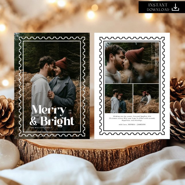 Cartes Pour Fêtes Annuelles Famille Retro Merry et Bright Stamp Photo (Créateur téléchargé)