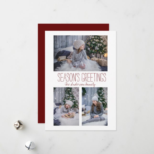 Cartes Pour Fêtes Annuelles Famille simple à trois photos (Devant/Arrière en situation)