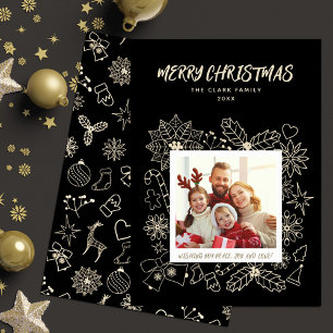 Cartes Pour Fêtes Annuelles Famille simple et élégante 1 cadre photo Noir et O