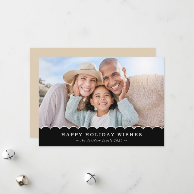 Cartes Pour Fêtes Annuelles FAMILY CHRISTMAS PHOTO cute fun scallop black gold (Devant/Arrière en situation)