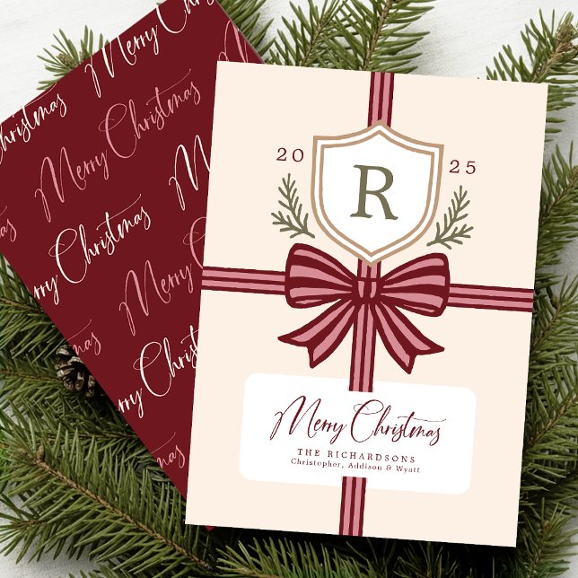 Cartes Pour Fêtes Annuelles Family Monogram Bow Rustic Non-Photo Holiday Card (Front and Back on a 5" x 7" card)