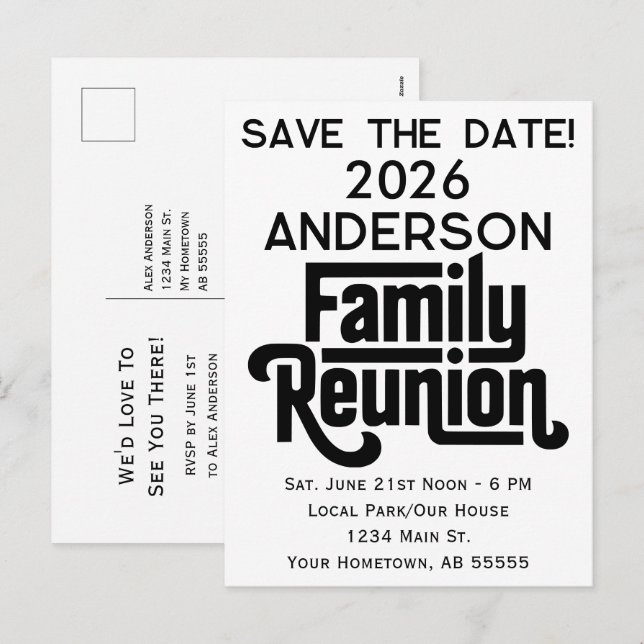 Cartes Pour Fêtes Annuelles Family Reunion Modern Black White Save The Date (Devant / Derrière)