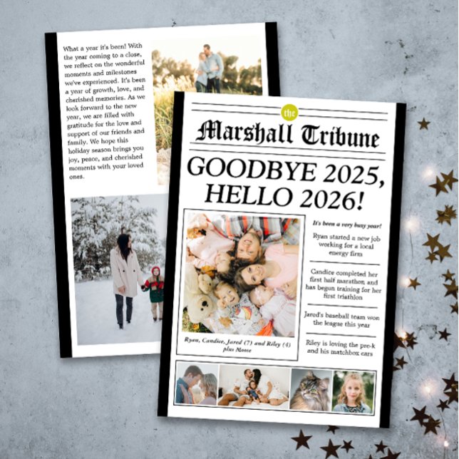 Cartes Pour Fêtes Annuelles Family Tribune Holiday Photo New Year Card (Modern 7 photo custom newspaper style holiday card with lots of personalized text to make a fun card)