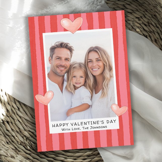 Cartes Pour Fêtes Annuelles Family Valentine's Day Photo with Hearts Stripes (Available in both printed and instant download digital formats.)
