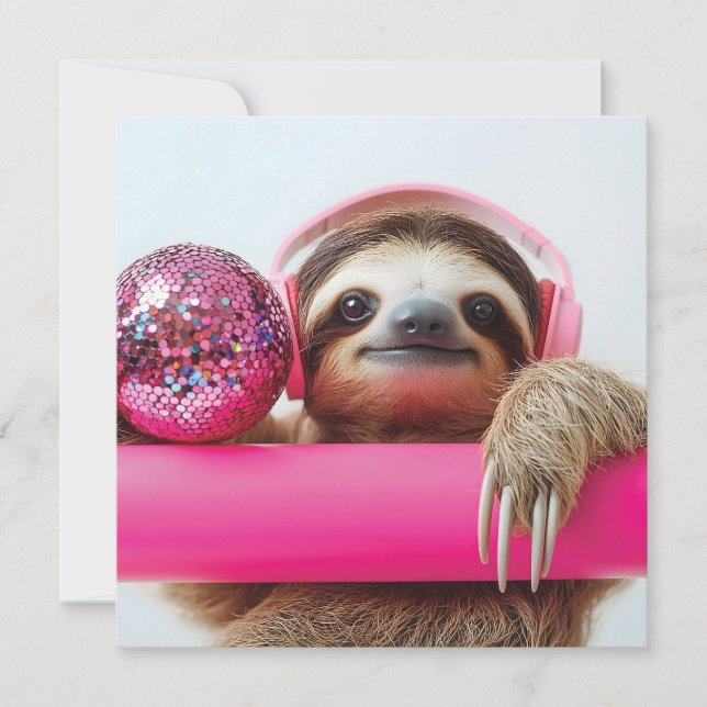 Cartes Pour Fêtes Annuelles Fanky Sloth avec casque rose et boule disco (Devant)