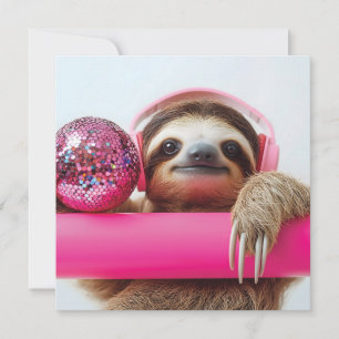 Cartes Pour Fêtes Annuelles Fanky Sloth avec casque rose et boule disco