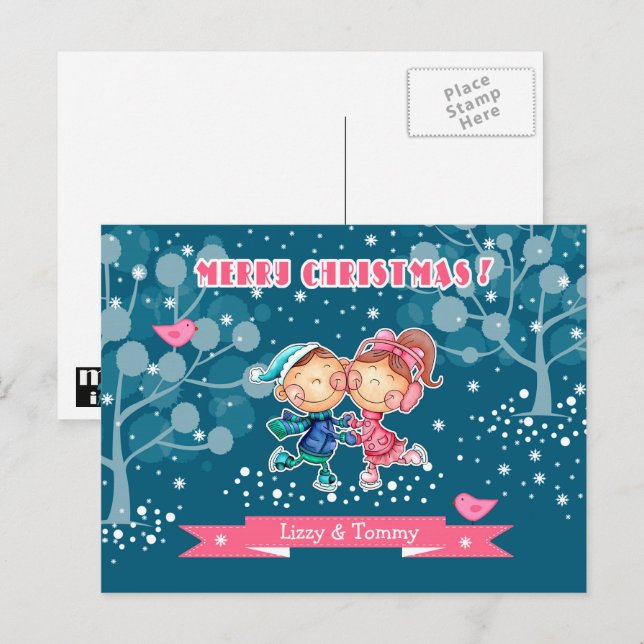 Cartes Pour Fêtes Annuelles Fantaisie Patinage enfants Noël (Devant / Derrière)