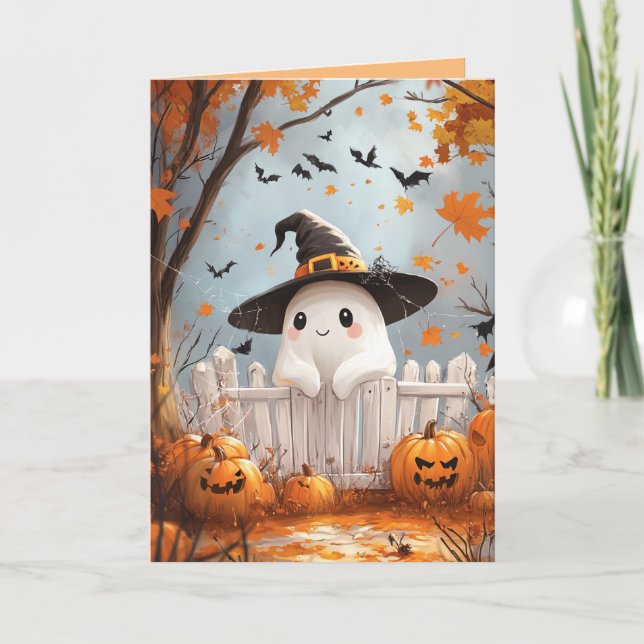 Cartes Pour Fêtes Annuelles Fantôme d'Halloween avec citrouilles (Devant)