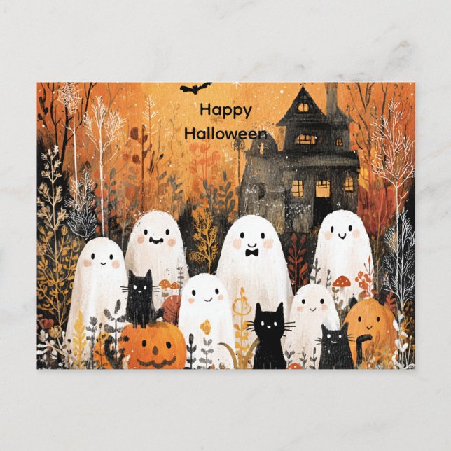 Cartes Pour Fêtes Annuelles fantômes d'Halloween, chats noirs et chauves-souri (Devant)