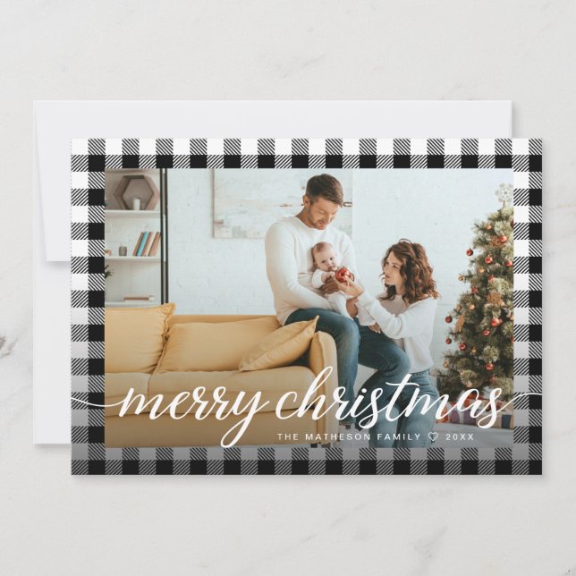 Cartes Pour Fêtes Annuelles Farmhouse noir blanc Plaid Photo Joyeux Noël (Devant)