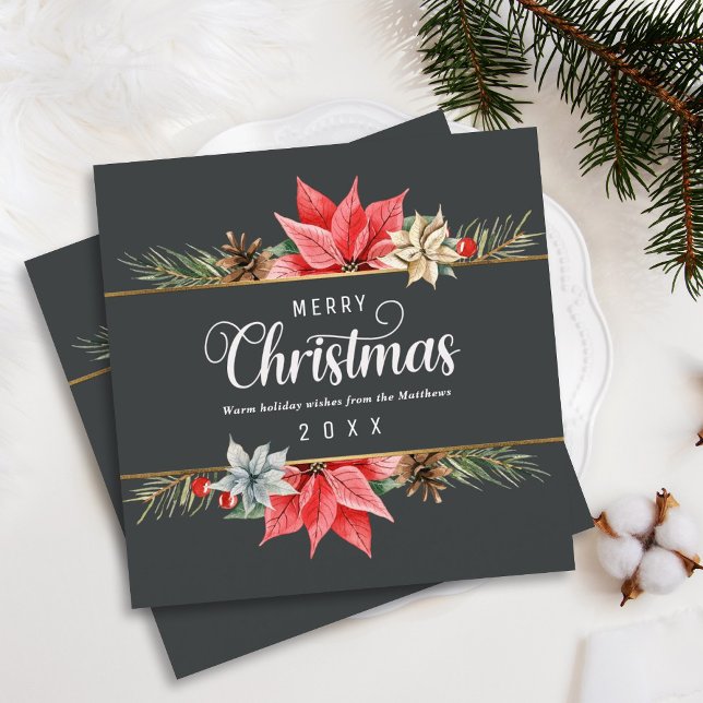Cartes Pour Fêtes Annuelles Farmhouse Poinsettia Gold Framed Square Christmas (Créateur téléchargé)