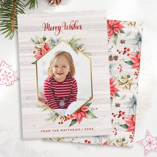 Cartes Pour Fêtes Annuelles Farmhouse Poinsettia Rustic Hexagon Framed Photo (Créateur téléchargé)