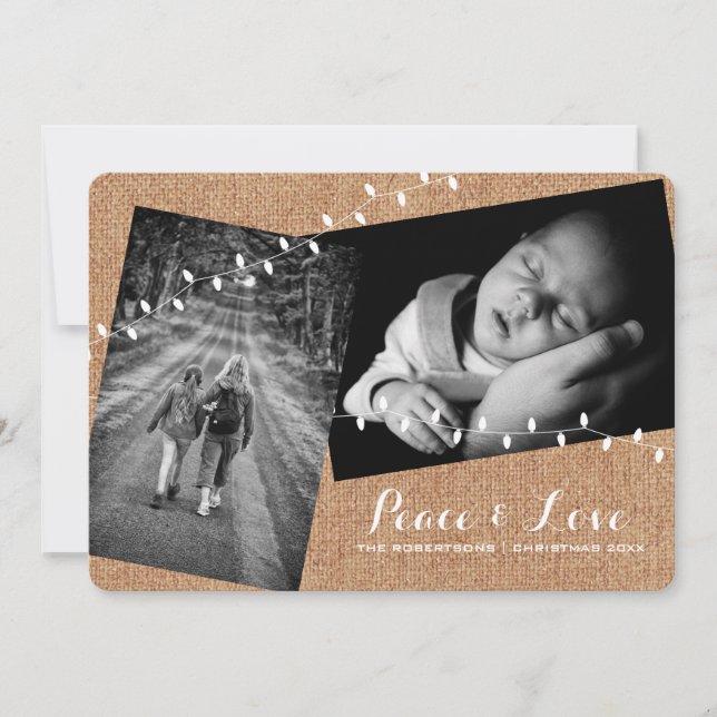 Cartes Pour Fêtes Annuelles Faux Burlap Photos de Noël Lumières Paix et Amour (Devant)