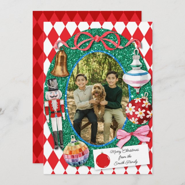 Cartes Pour Fêtes Annuelles Faux Glitter Christmas Ornaments Card  (Devant / Derrière)