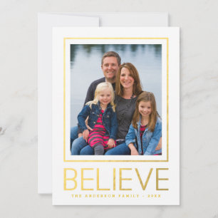 Cartes Pour Fêtes Annuelles Faux Gold Foil Believe Modern Frame Holiday Photo