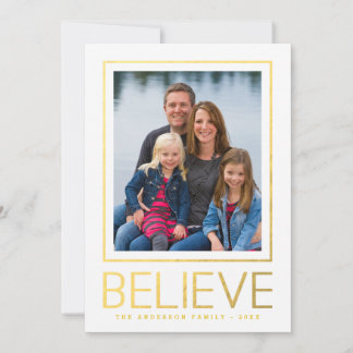 Cartes Pour Fêtes Annuelles Faux Gold Foil Believe Modern Frame Holiday Photo