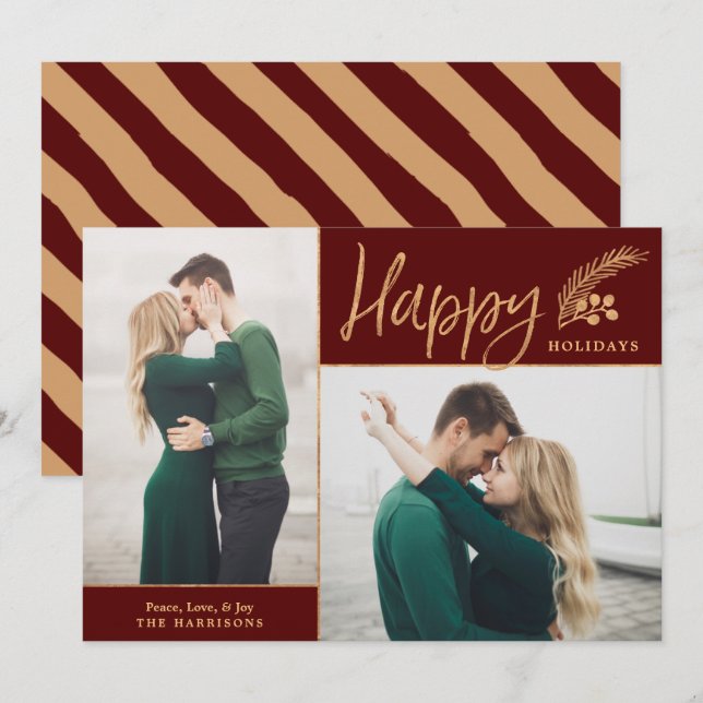 Cartes Pour Fêtes Annuelles Faux Gold Foil Elégant Happy Photo | Maroon (Devant / Derrière)